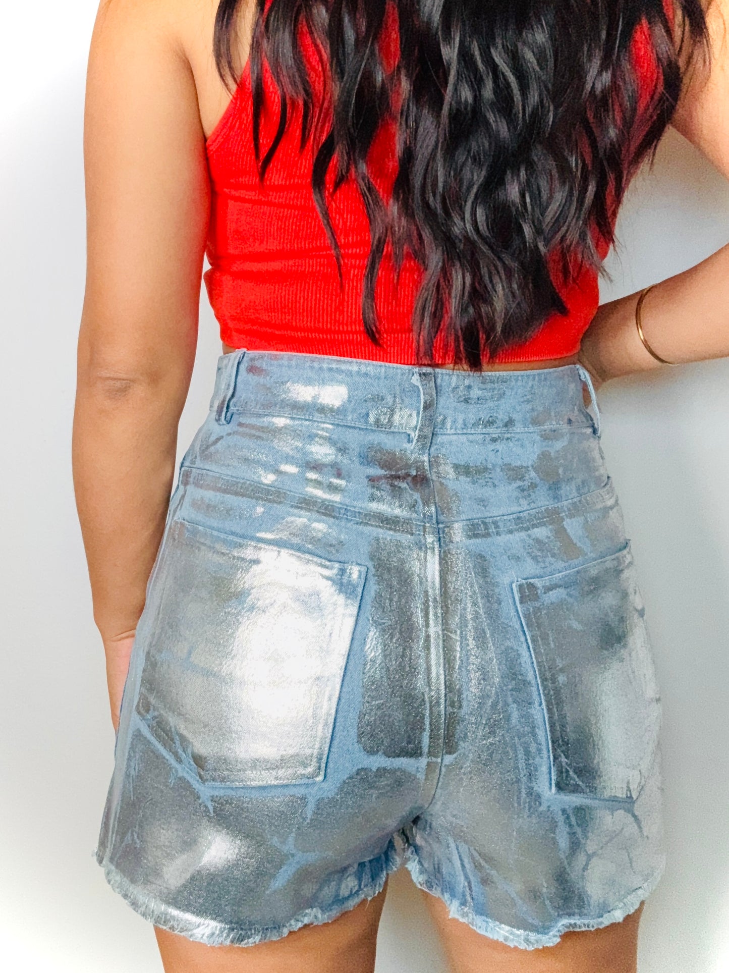 Silver Metal Denim Short