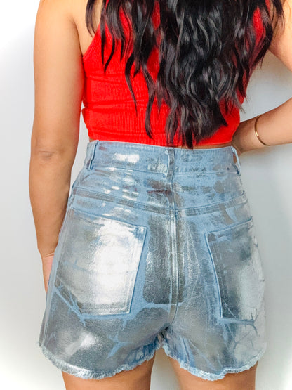 Silver Metal Denim Short