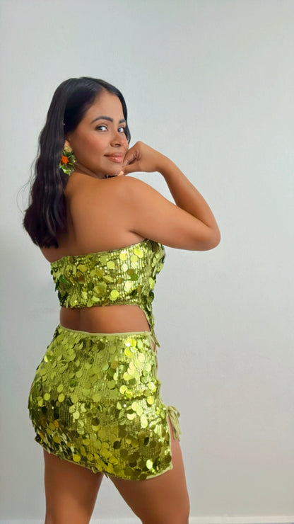 Green Sequins Asymmetric Top