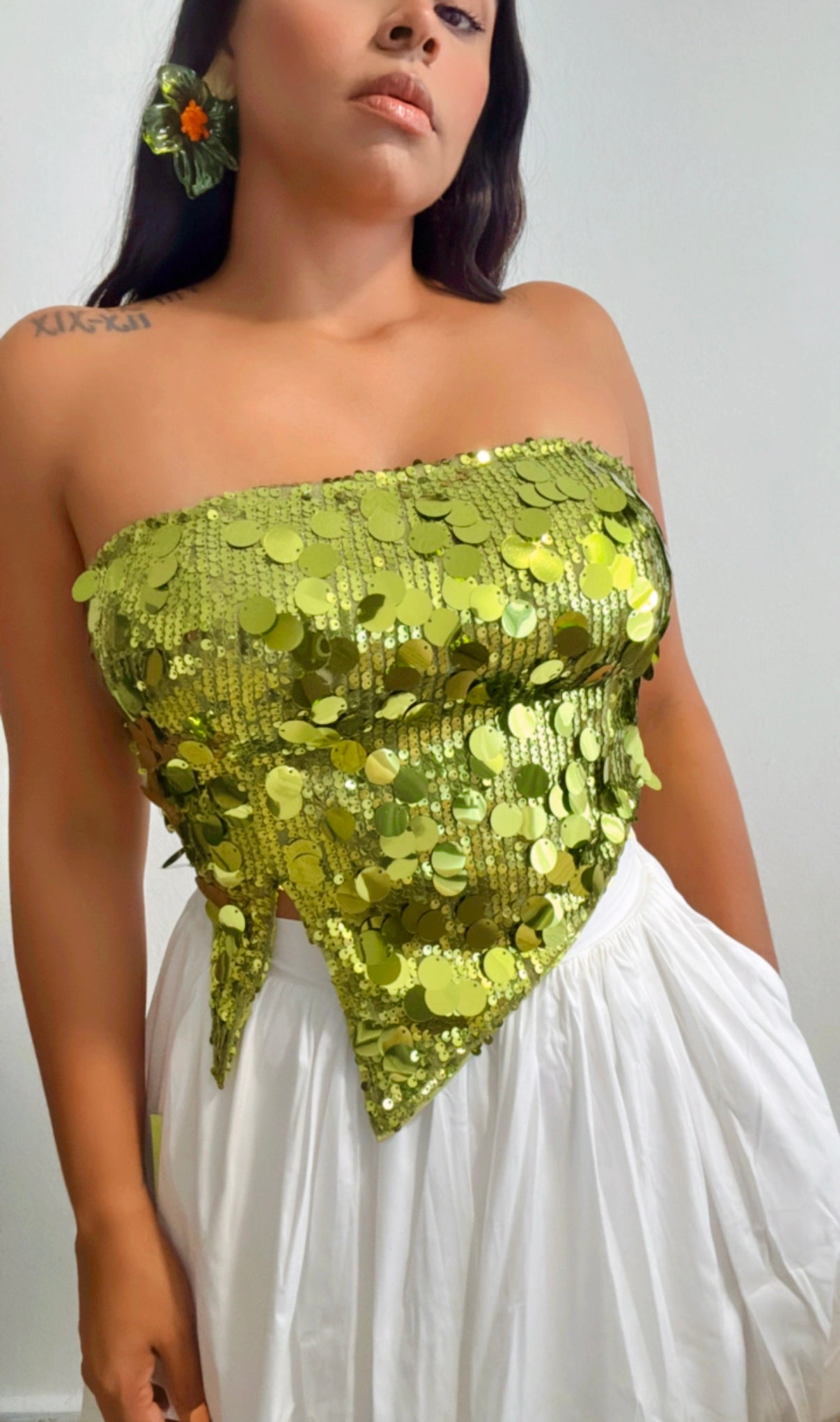 Green Sequins Asymmetric Top
