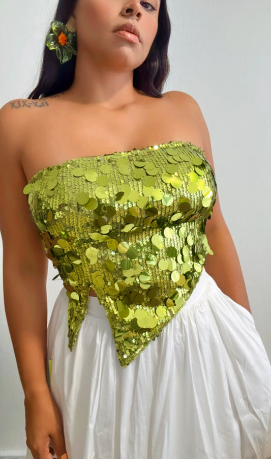 Green Sequins Asymmetric Top